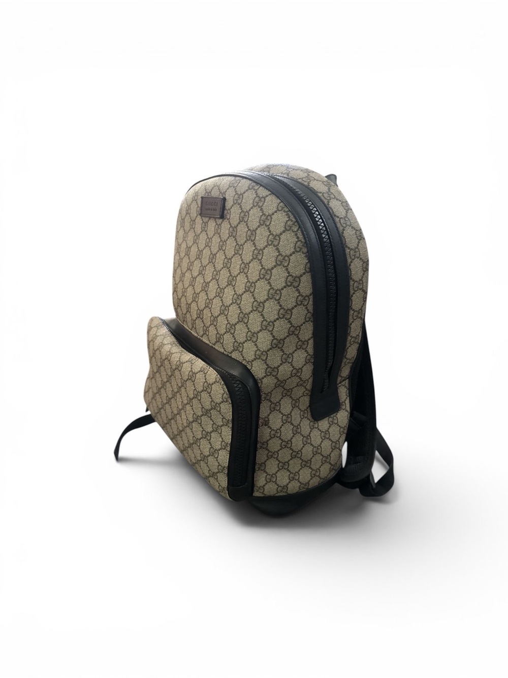 Gucci Beige GG Supreme Canvas Backpack with Black Trim